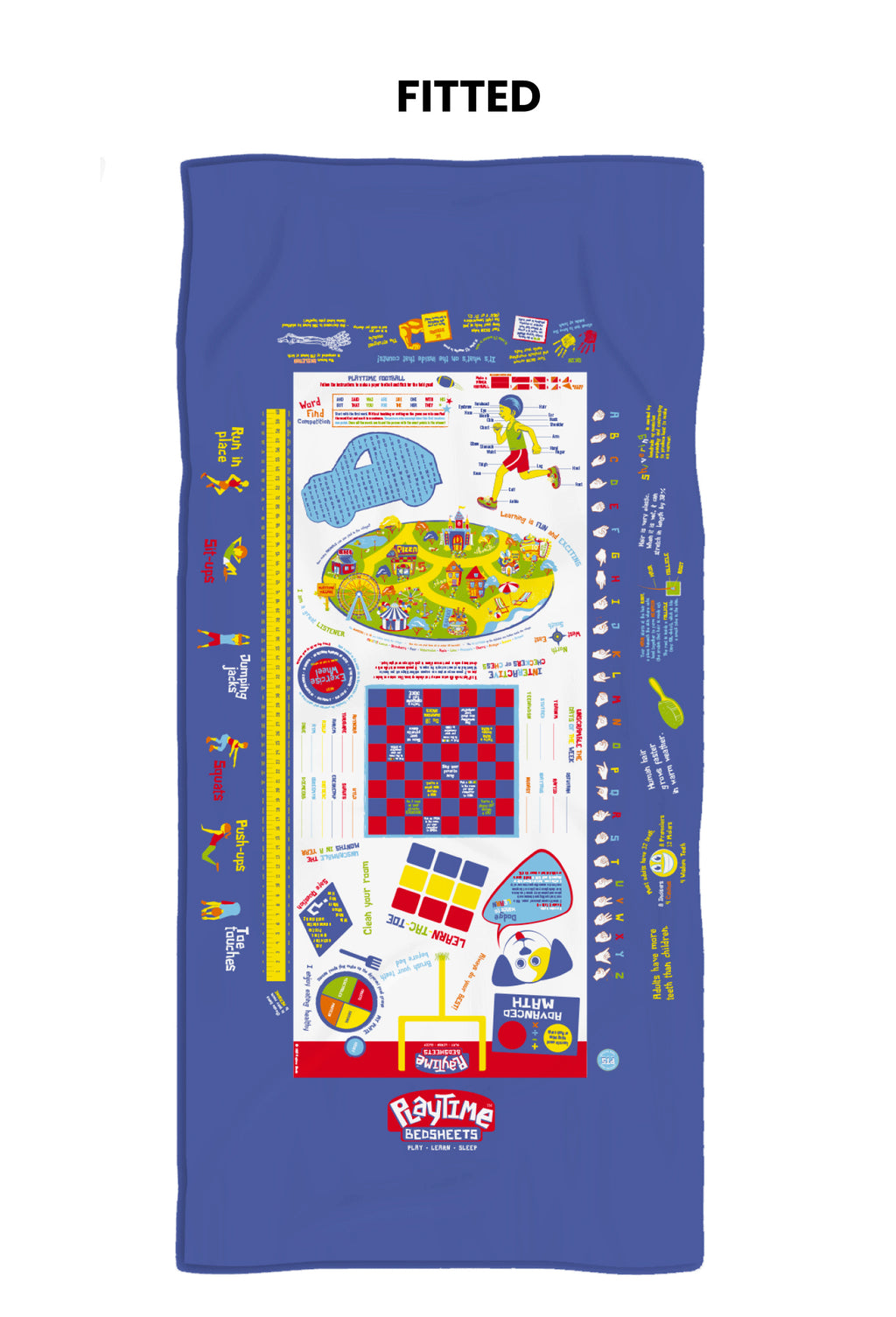 Playtime Bed Sheets Twin. 65 Fun Interactive Games & Puzzles. Blue